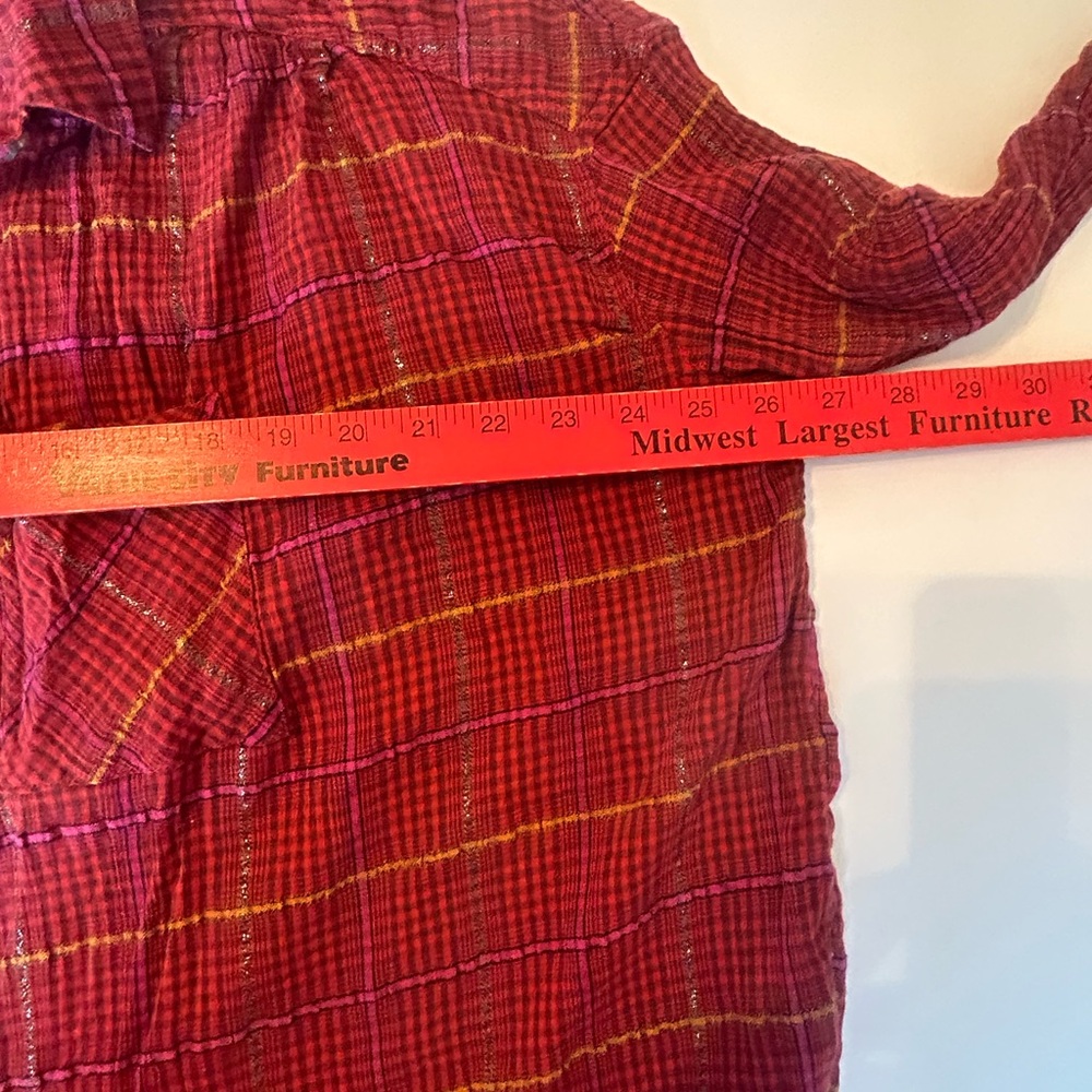 Free People Break My Stride Plaid Button Down Shirt, Red, Metallic Stripe Small - Picture 7 of 8